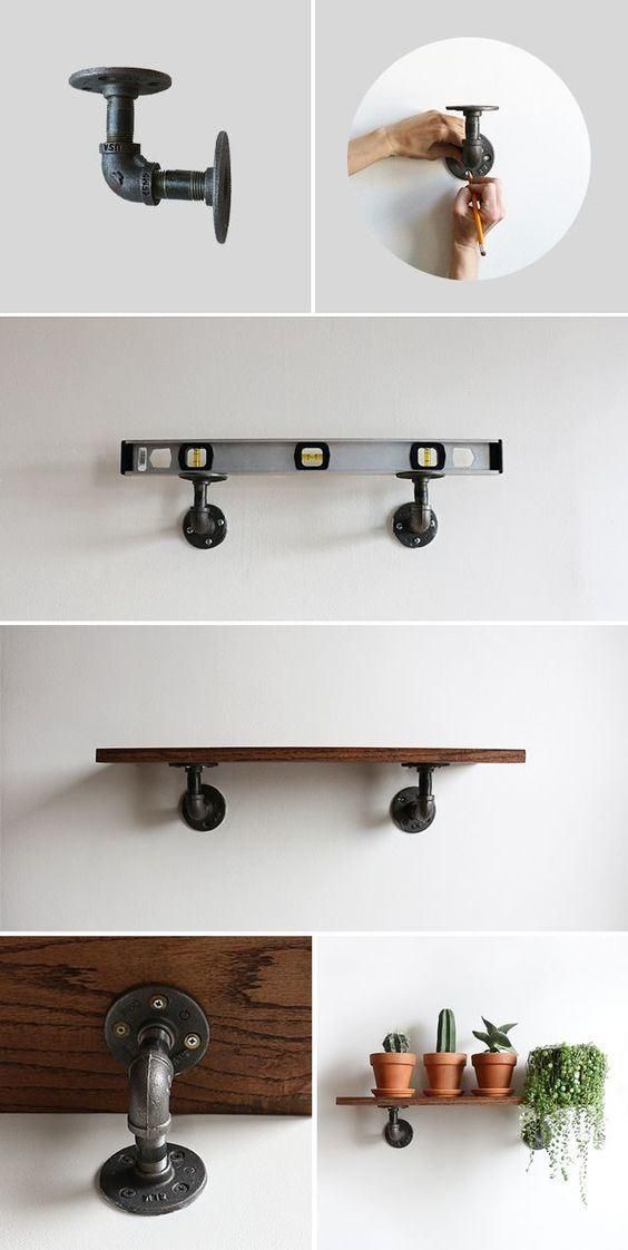 Reclaimed Scaffold Board Shelf with Pipe Supports Brackets - Rustic Shelves