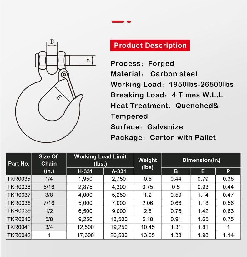 Forged Carbon Steel Galvanize H331/A331 Clevis Slip Hook with Latch