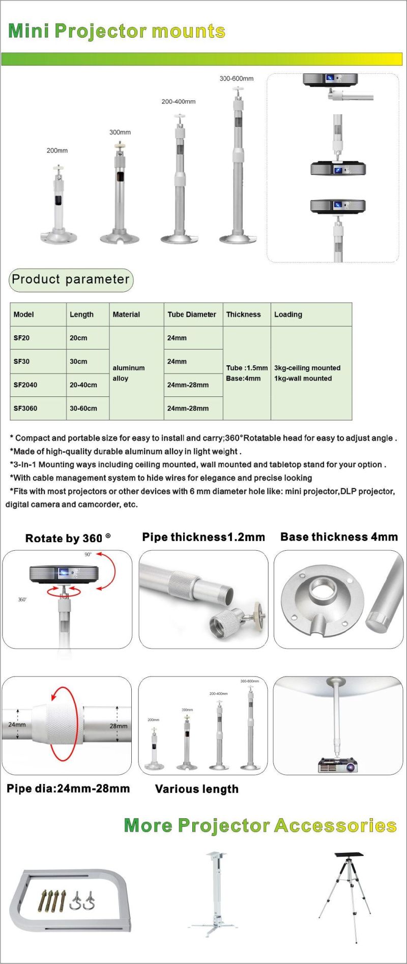 20cm 40cm Universal Mini Projectors Ceiling Mounts