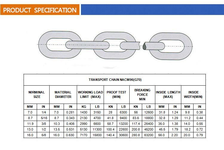 China Manufacturer High Tension Black Painted G70 Transport Chain