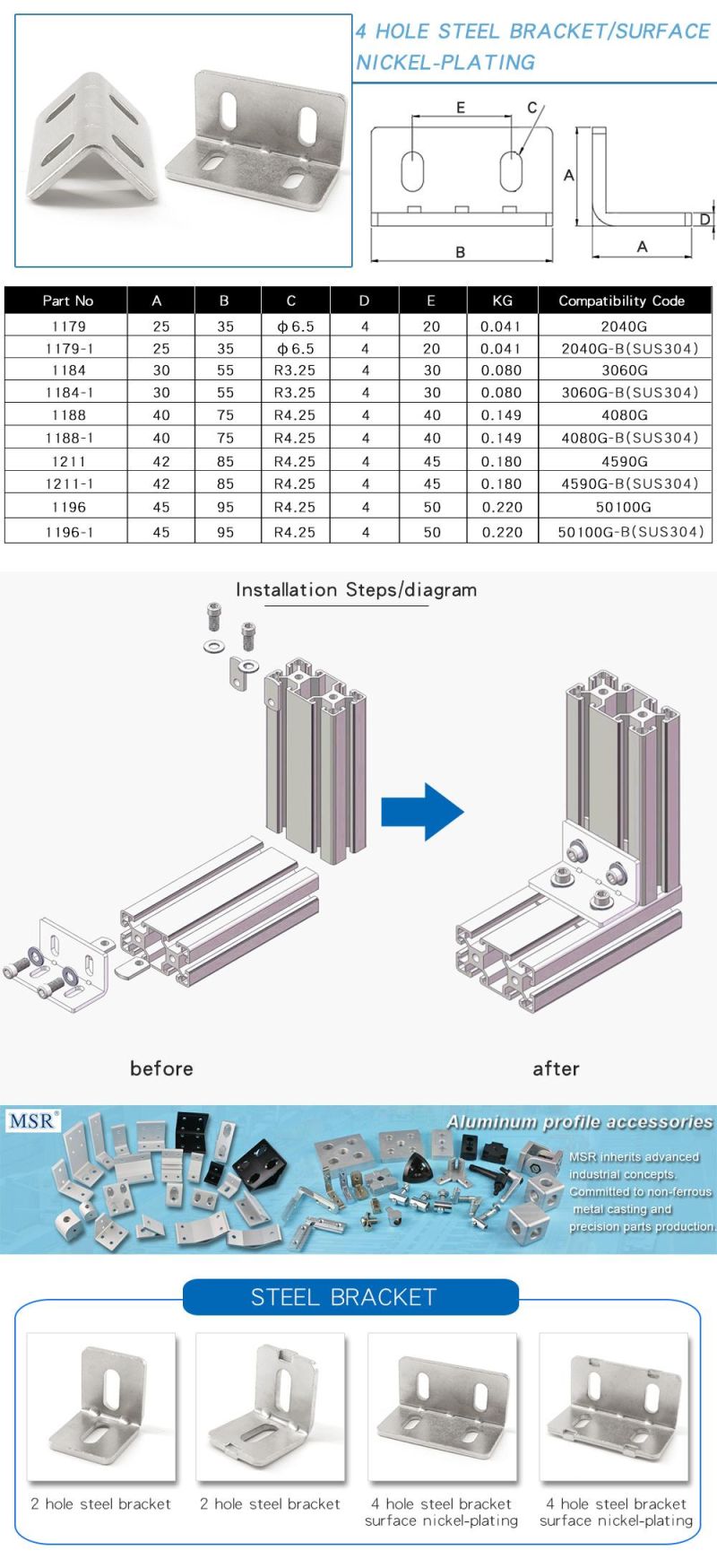 3060g 4 Hole Steel Bracket Surface Nickel-Plating Flat in Back Steel Connector 90 Degree Angle Bracket