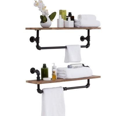 24&quot; 2 Tiered Industrial Rustic Wall Pipe Shelf with Towel Bar for Bathroom
