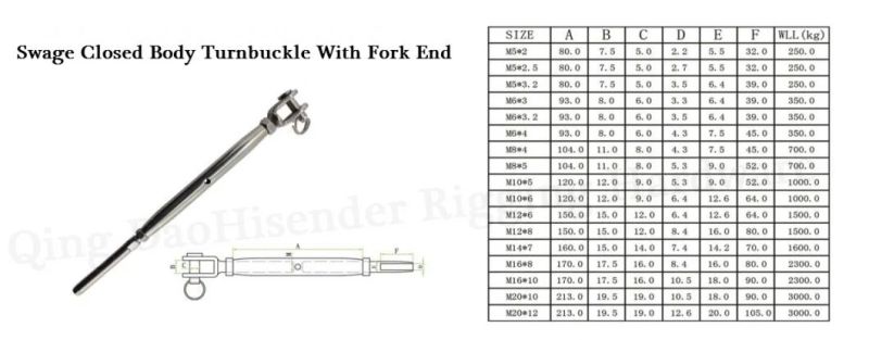 Rigging Hardware AISI316 Swage Closed Body Turnbuckle with Fork End