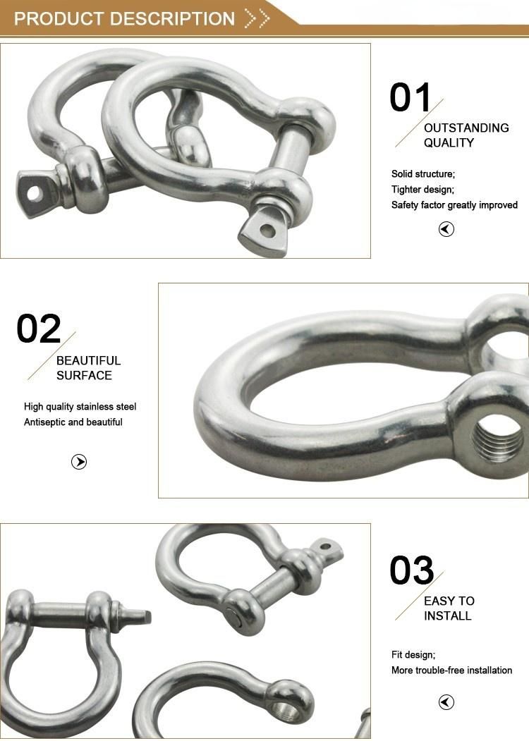 Stainless Steel 304 316 Rigging Hardware Fitting Shackle Pin Heavy Duty Lifting Bow D Shackle