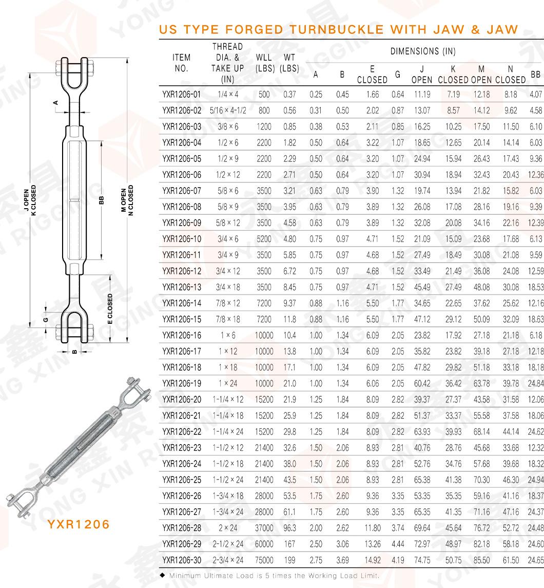 Jaw&Jaw Stainless Steel Turnbuckle Us Style Open Body for Sailing Boat