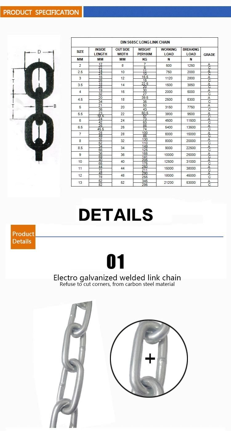 DIN5685c Carbon Steel Galvanized Long Link Chain