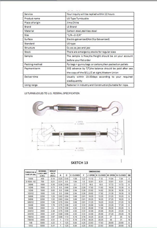 Steel Drop Forged Us Type Turnbuckle with Eye and Jaw