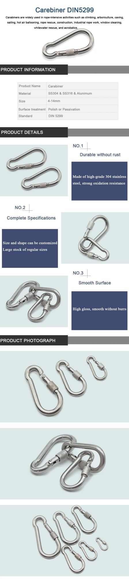 5*50mm Stainless Steel Climbing Carabiner Stamped D-Ring Snap Hook