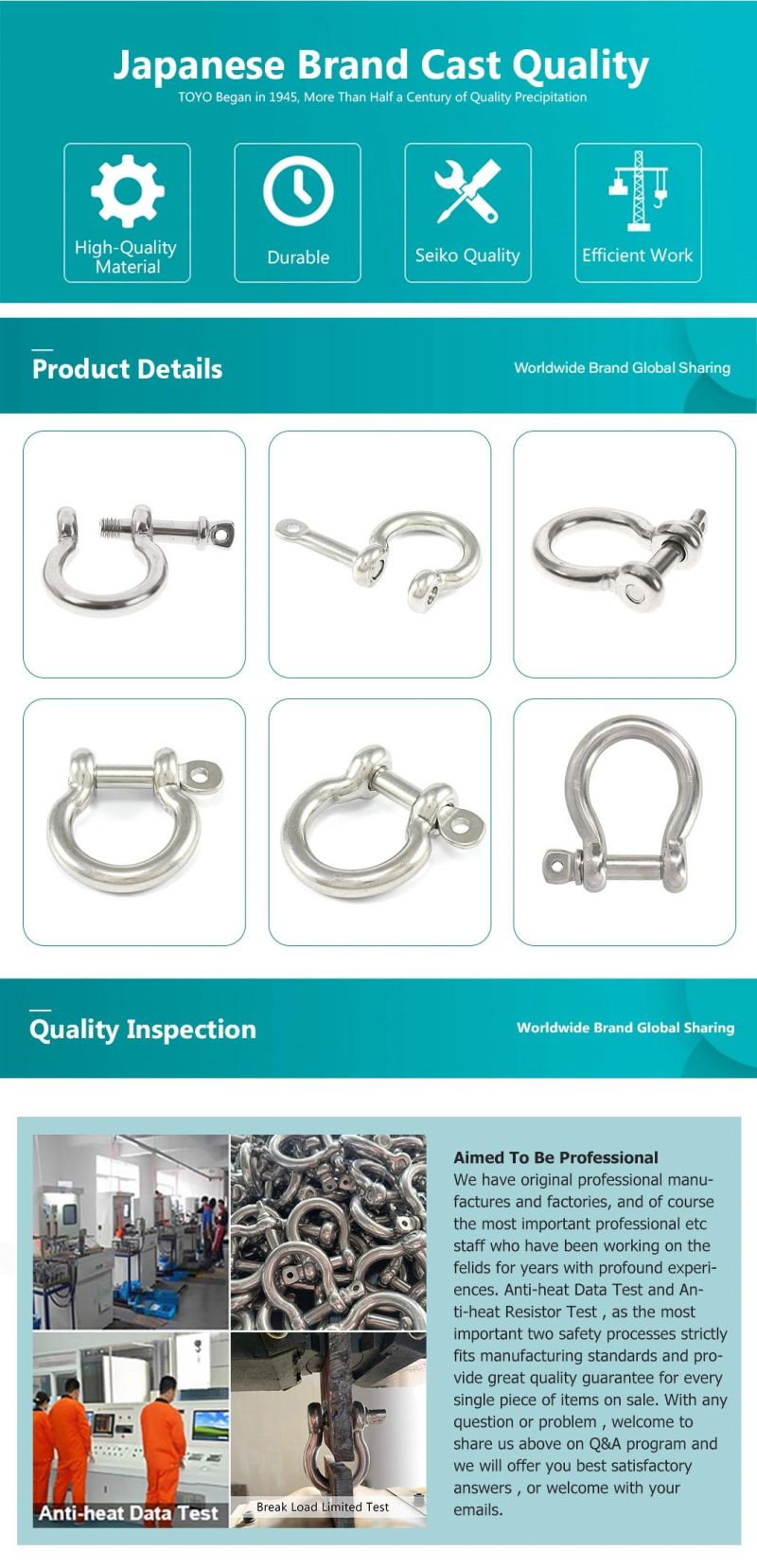 Toyo Screw Pin European JIS Type Heavy Duty Bow Shape Anchor Shackle 304 AISI316 Stainless Steel Shackle Rigging Hardware Fittings