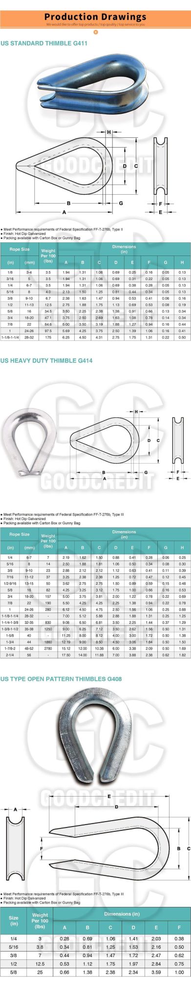 High Quality Us Type G411 G414 DIN6899 Wire Rope Thimble with Standard Type