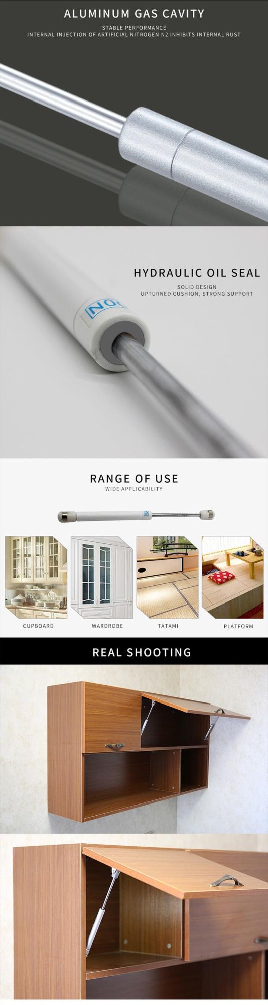 High Quality Furniture Hardware Small Metal Lowering Gas Spring for Wall Bed and Cabinet