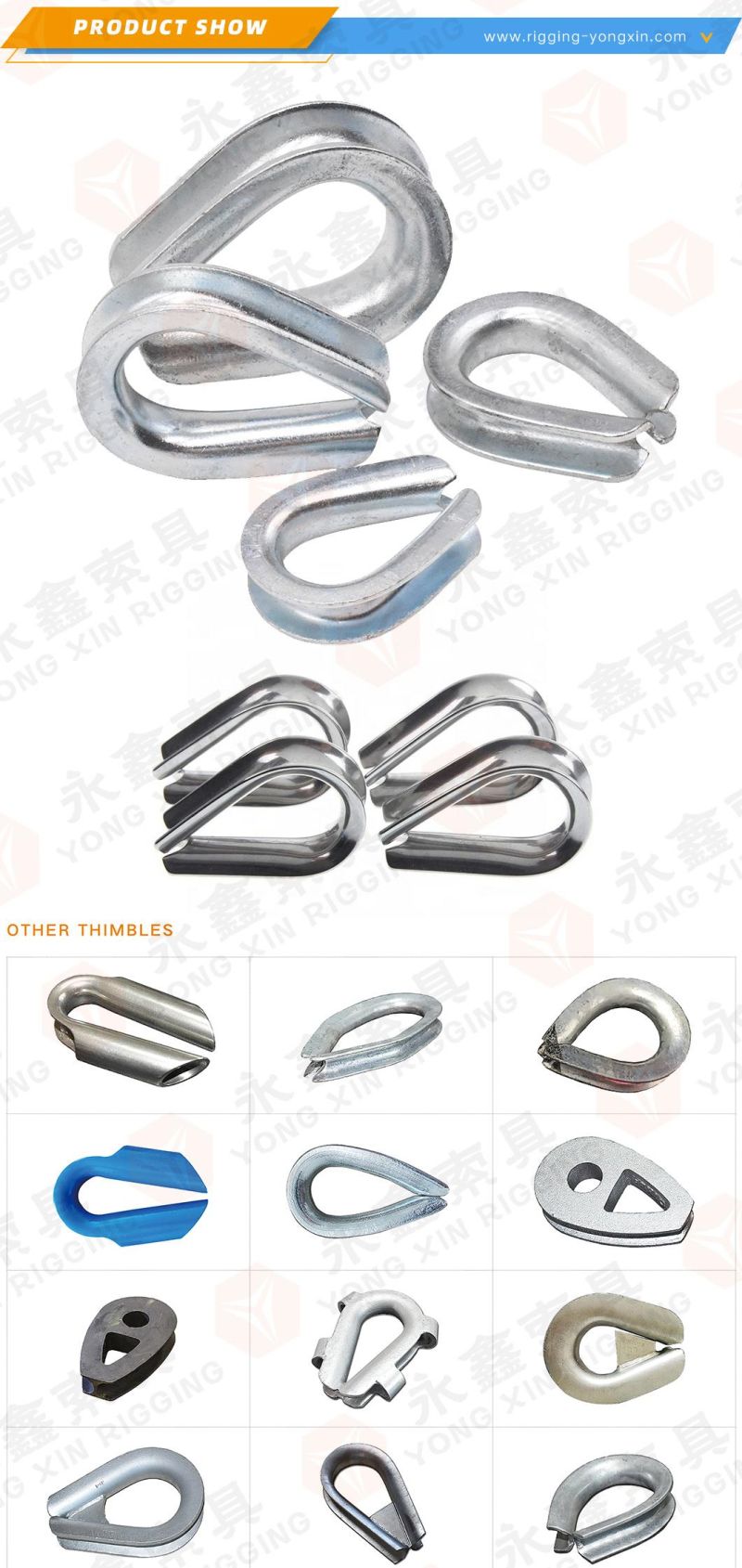 /4, 5/16, 3/8, 7/16, 1/2, 9/16, 5/8, 3/4, 7/8, 1, 1-1/8, 1-1/4, 1-3/8 ′′ Wire Rope Thimbles G 414