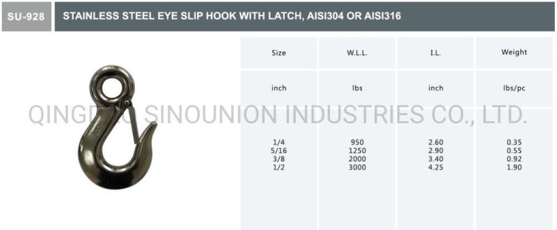 Stainless Steel Eye Slip Hook AISI304 AISI316