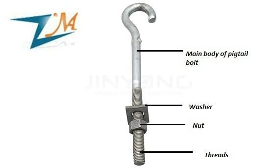 Pigtail Hook with Nut and Washer Support Cable