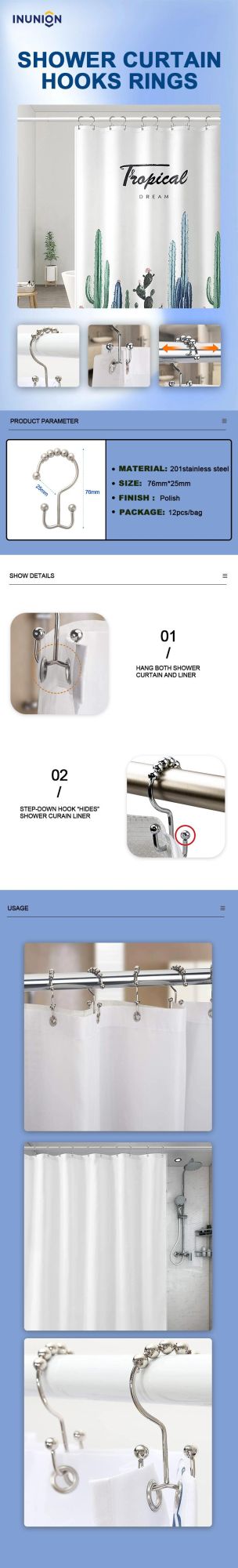 Simple Decorative High Quality stainless Steel Shower Curtain Hooks