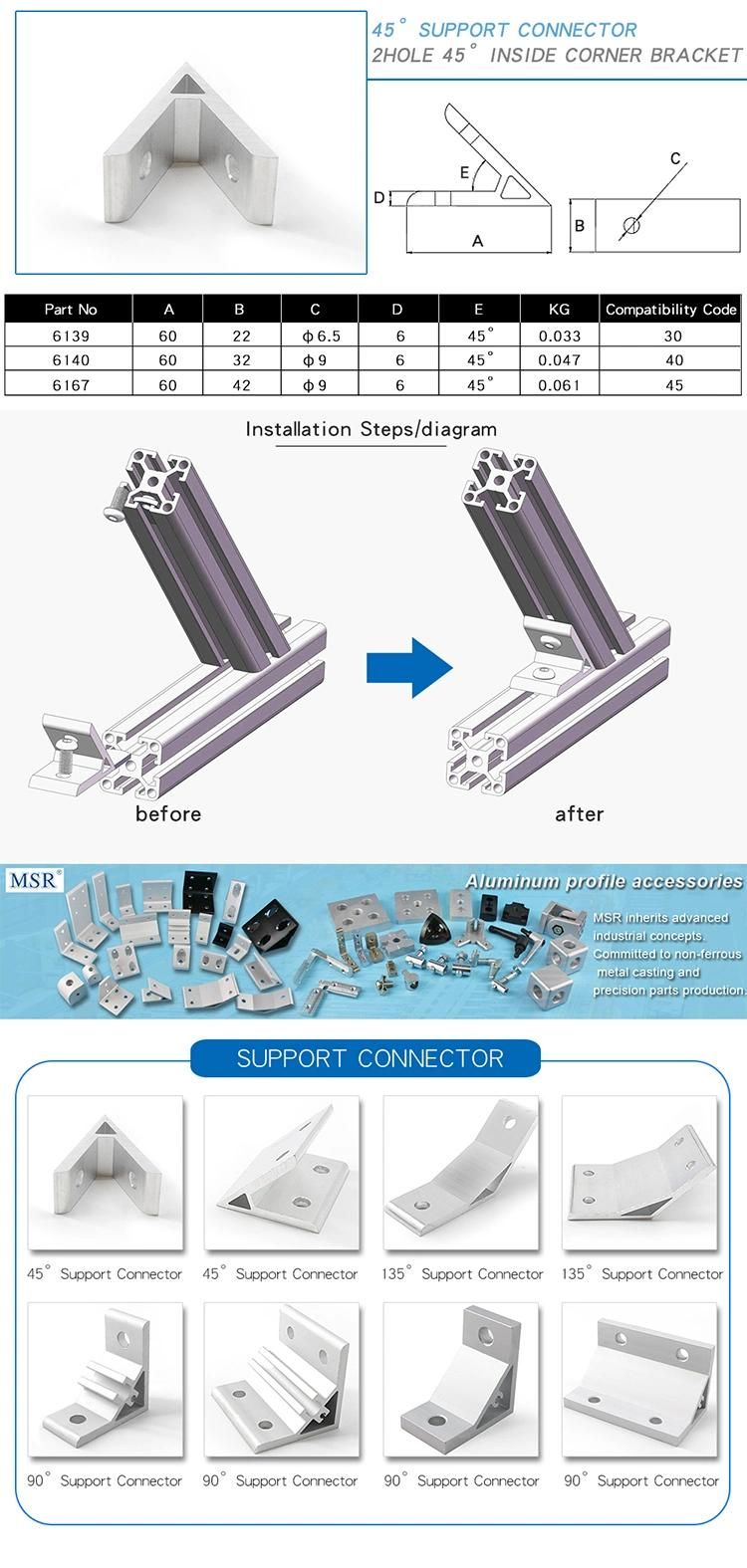 45 Degree 30 Support Connector 2 Hole Inside Corner Bracket for Aluminium Profile
