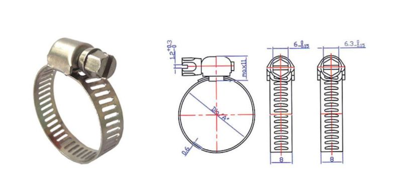 A (American) Type W1 Iron Steel Galvanized and W2 W4 Stainless Steel Preforated 8mm and 11.7mm Band Hose Pipe Worm Gear Pipe Clamp