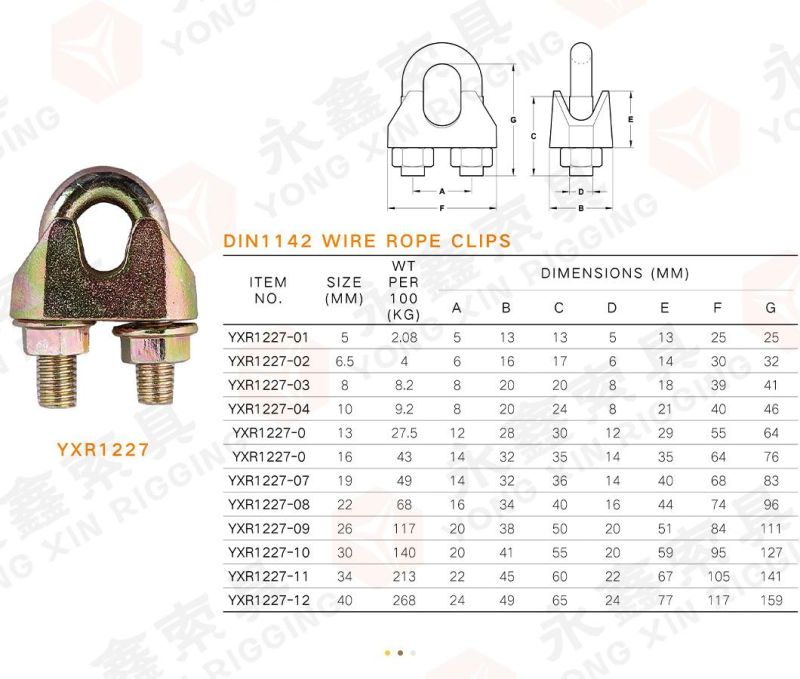 DIN 1142 Malleable Wire Rope Clip, Yellow Chromated