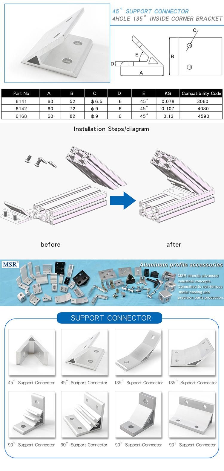 45 Degree 4590 Support Connector 2 Hole Inside Corner Bracket for Aluminium Profile