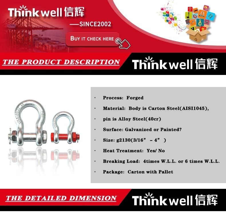 G2130 Bolt Type Stainless Steel Anchor Shackle with Pin