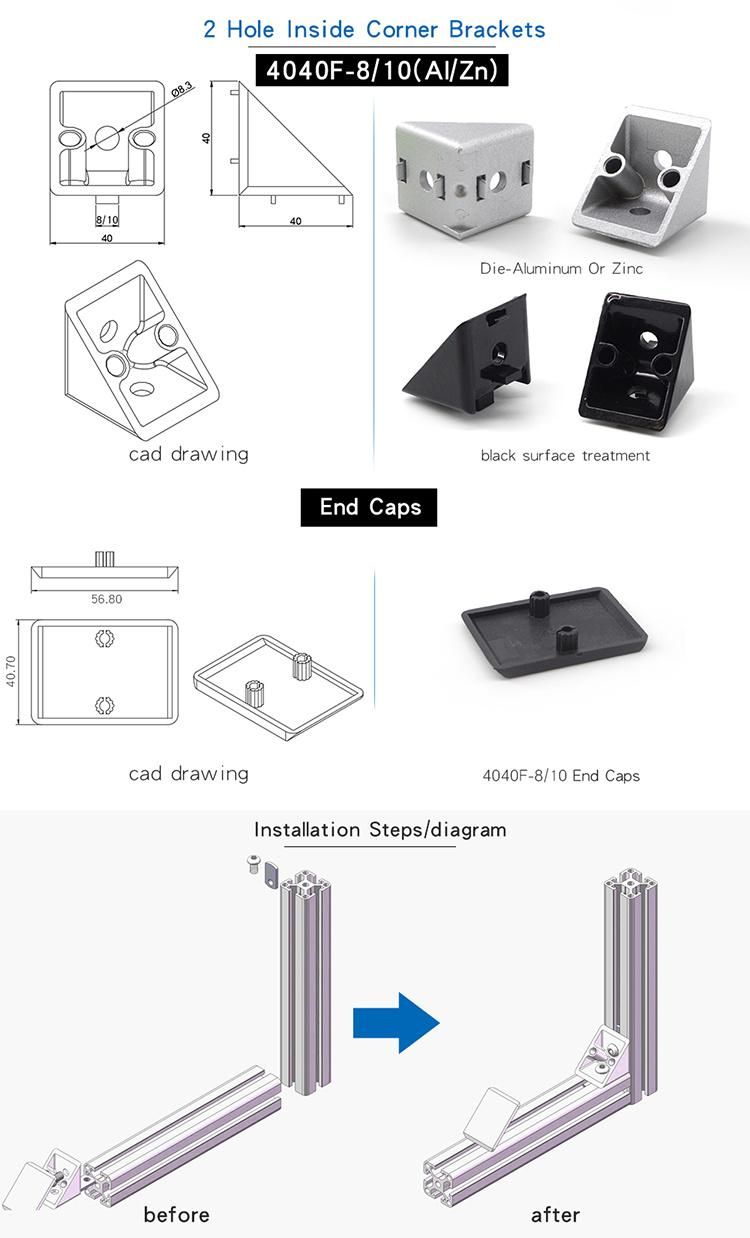 China Manufacturer Wholesale 4040 Casting Aluminum/Zinc Alloy Bracket in Aluminium/Zinc for T Slotted Aluminum Extrusion/Work Table 4040 4080 8080 in Slot 10