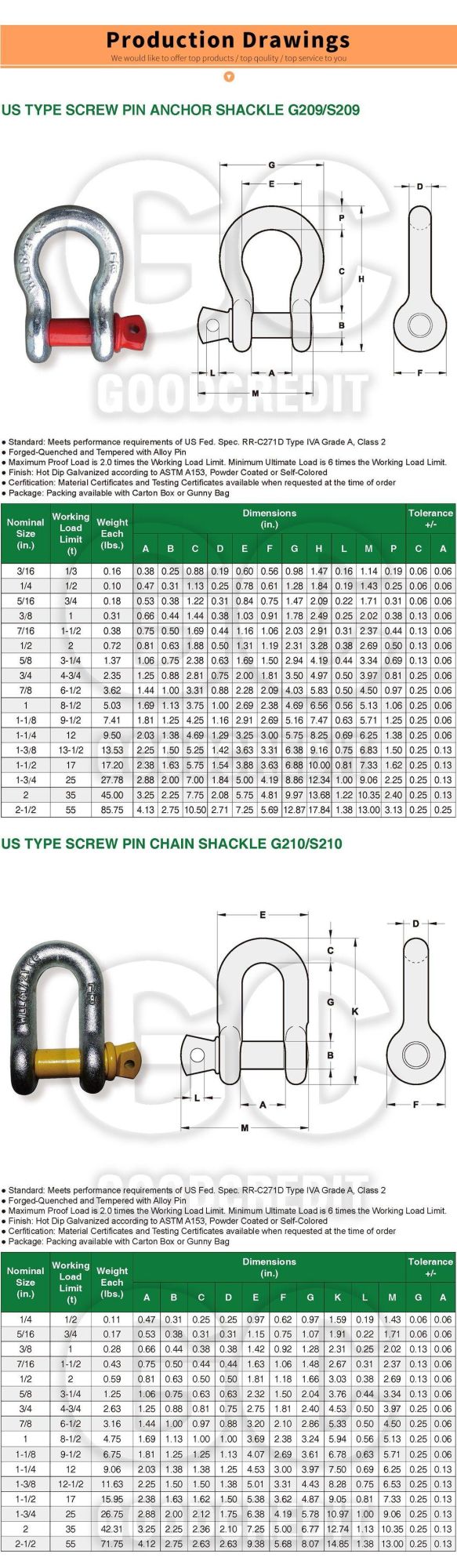 Wholesale Hardware Rigging Galvanized Us Type G209 Anchor Sahckle Steel Forged Lifting D Ring Bow Shackle