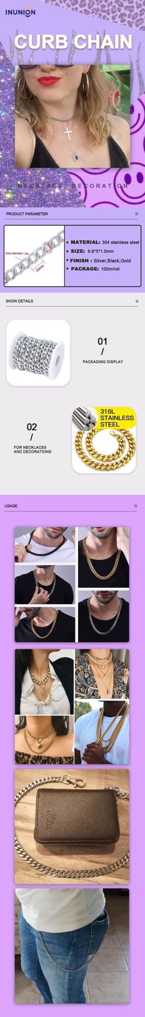 Metal Fashion Necklace Jewellery Curb Link Gold Black Silver Curb Chain