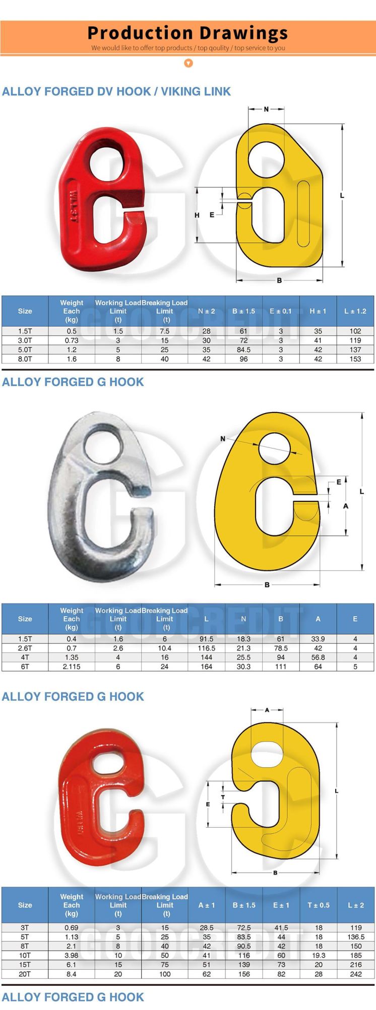 Alloy Steel Forging Yellow Painted Safety Lifting G Hook Viking Link DV Hook