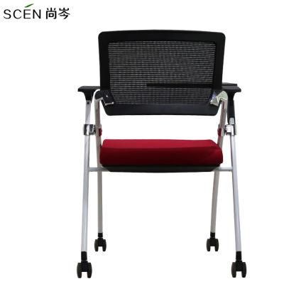 China Manufacturer Office Foldable Conference Seats Classroom PP Armrest Mesh Training Chair with Flip up Writing Tablet