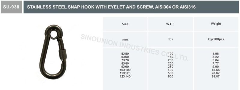 Stainless Steel Snap Hook with Eyelet and Screw AISI304 AISI316
