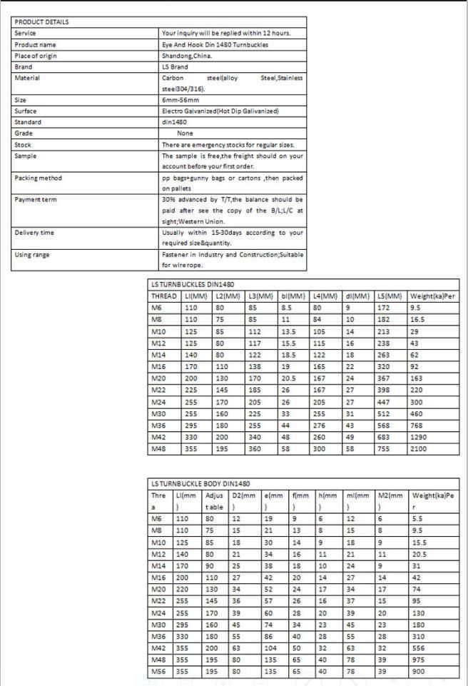 China Manufacturer of Galvanized Steel Forged Standard DIN 1480 Turnbuckle