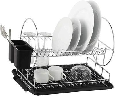 Dish Drying Rack Wall Mount Dish Drainer 2/3 Tier Kitchen Plate Bowl Spice Organizer Storage Rack Shelf Holder with Drain Tray with Hooks