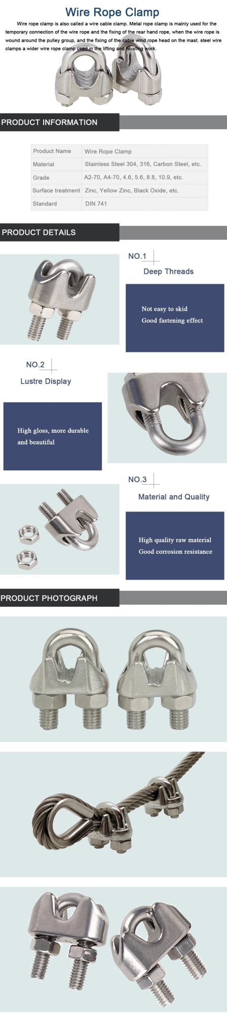 304 316 Stainless Steel Rope Grips DIN1142 Rope Clip DIN741 Wire Rope Clamps for Cable End Connections