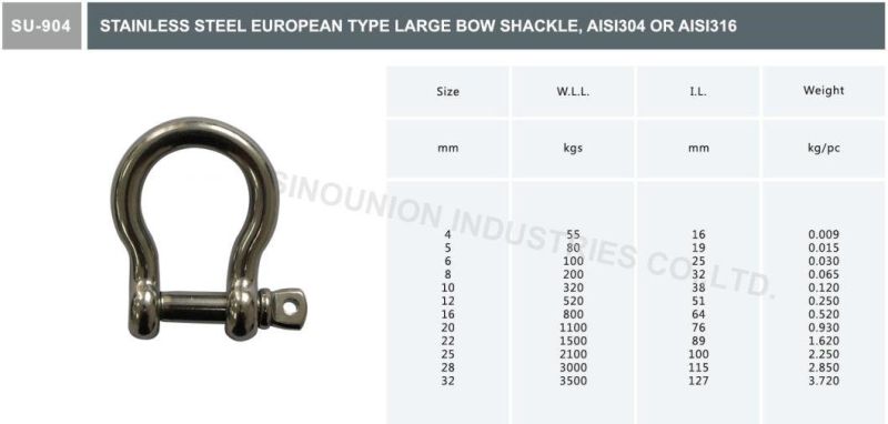 Stainless Steel European Type Large Bow Shackle AISI304 AISI316
