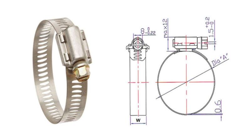 A (American) Type W1 Iron Steel Galvanized and W2 W4 Stainless Steel Preforated 8mm and 11.7mm Band Hose Pipe Worm Gear Pipe Clamp