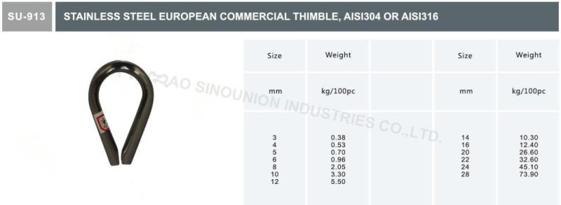 Stainless Steel European Type Wire Rope Thimble AISI304 AISI316