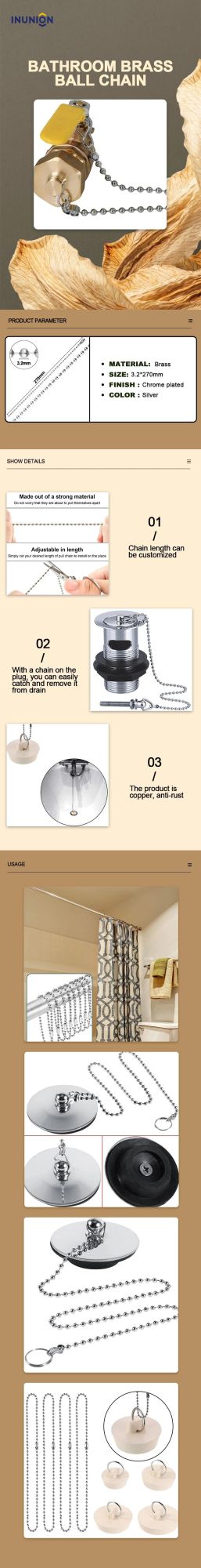 3.2*270mm Brass Bathroom Ball Chains for Bath Plug and Basins