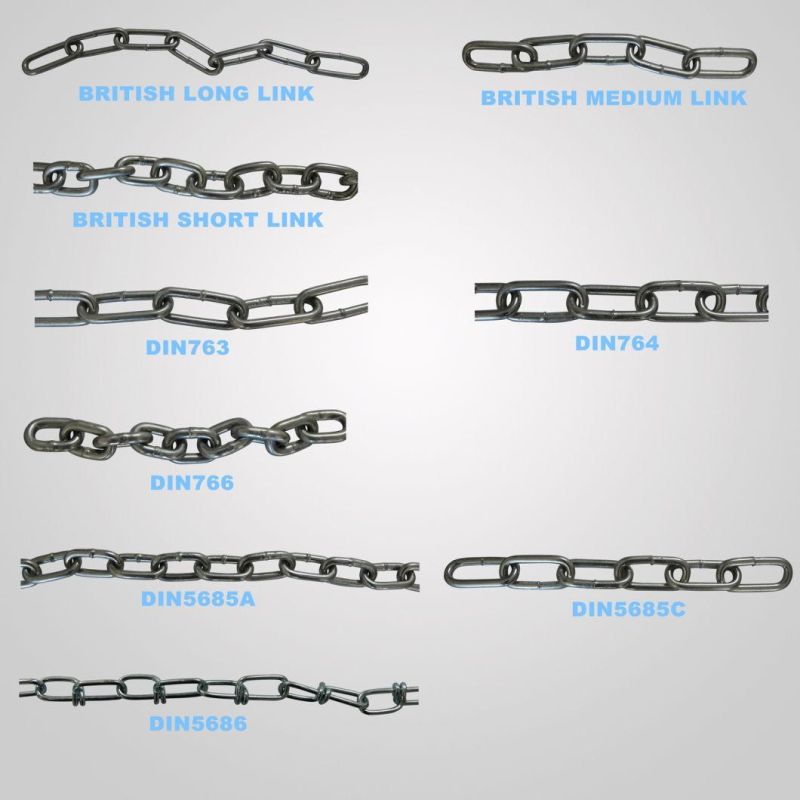 Galvanized DIN763 DIN764 DIN766 DIN5685 DIN5686 British Type Medium Link Chain Commercial Welded Link Chain Carbon Steel Short/Long/Medium Link Chain