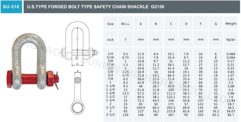 U. S. Type Forged Bolt Type Safety Chain Shackle G2150