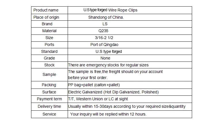China Manufacturer U. S Type Drop Forged Cable Wire Rope Clip