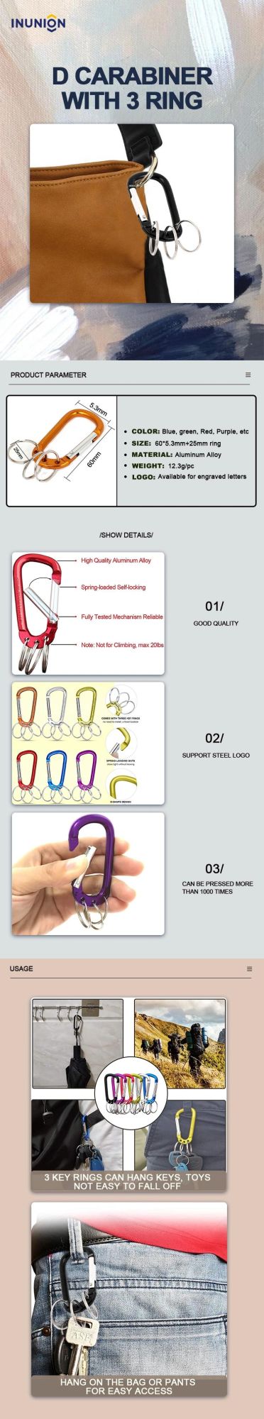 Colorful 60mm D Ring Keychain Hook Clip Aluminum Carabiner 3-Hole Karabiner with Key Ring
