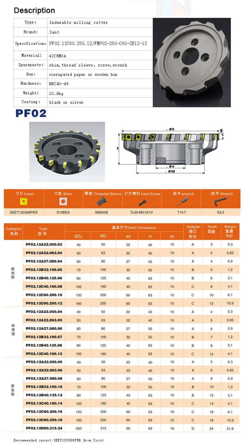 Indexable Milling Tools Face Miller Cutter with Inserts Seet1203 PF02 with Multi Teeth