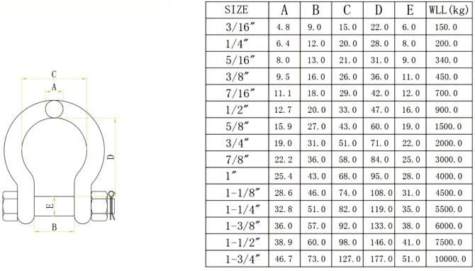 304/316 Stainless Steel Us Bolt Type Safety Pin Anchor Shackles