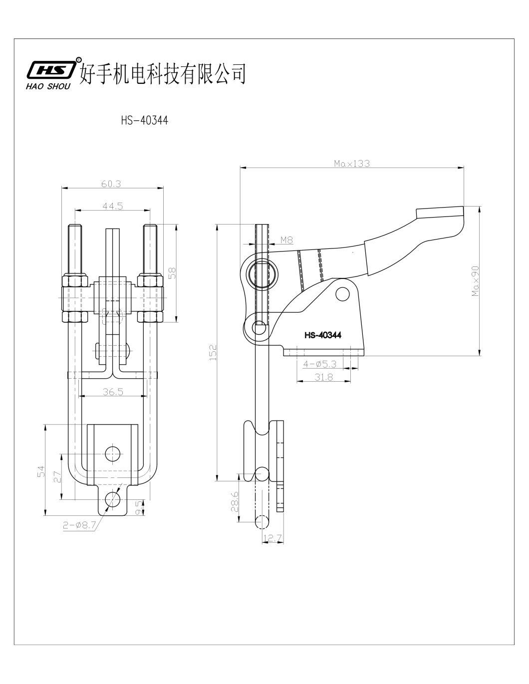 HS-40344-Ss Haoshou Custom Quick Release Heavy Duty 344-Ss Stainless Vertical Adjustable Toggle Clamp for Doors and Machinery