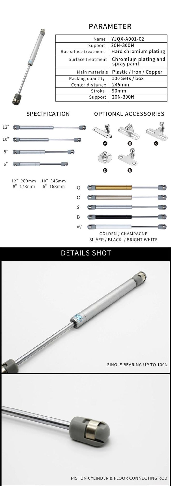 10n-300n Good Quality Furniture Accessories Gas Spring for Office Chair in 8" 10" 12"
