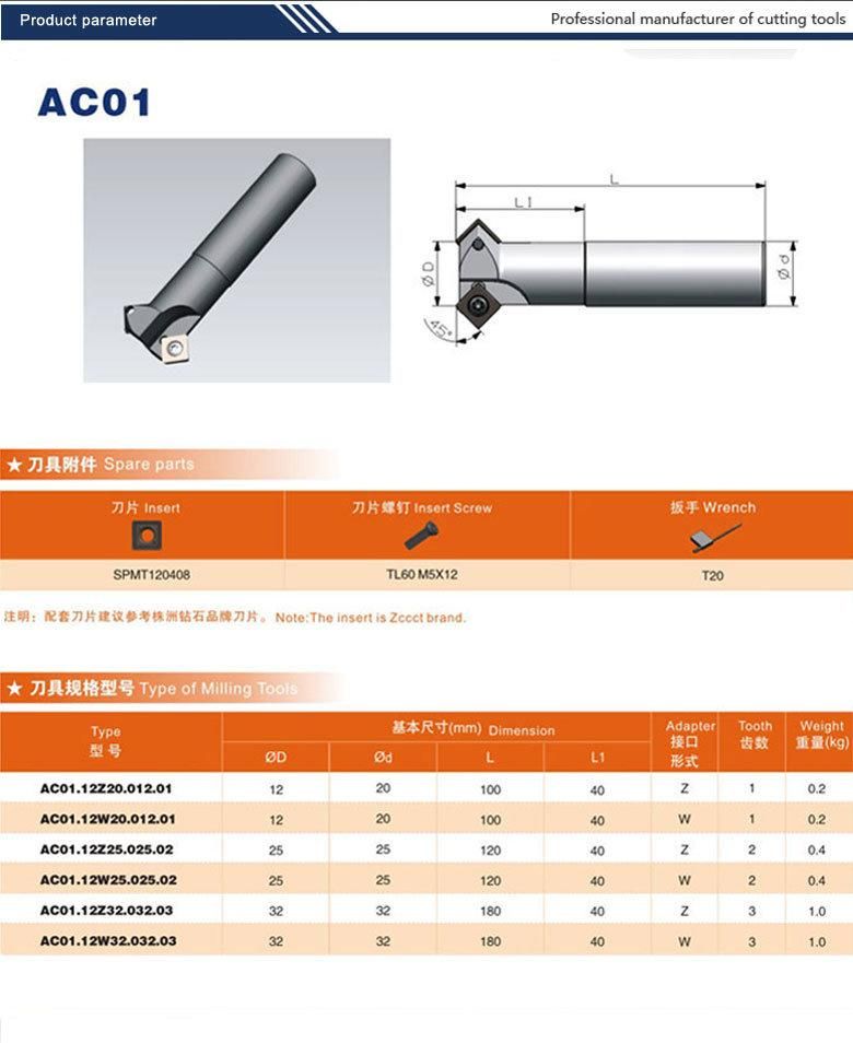 Chamfering Milling Tool Matched Carbide Inserts Spmt120408 (Refer to ZCC code CMA01-032-XP32-SP12-03/Sant code AC01.12W32.032.03)