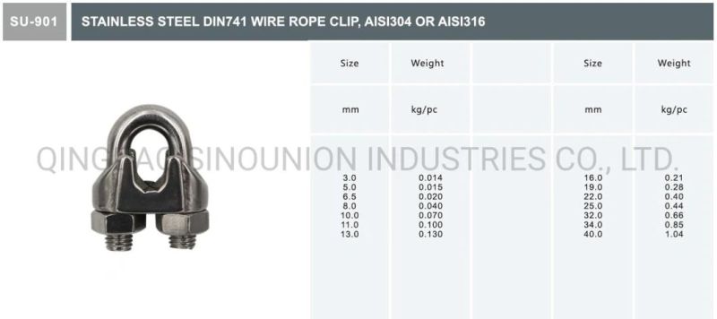 Stainless Steel DIN741 Wire Rope Clips AISI304 or AISI316