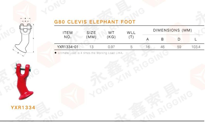 G80 Eye Elephant Foot Forged Alloy Steel Suitable for Lashing Chain 13mm Wll 5ton 4times Working Load Limit