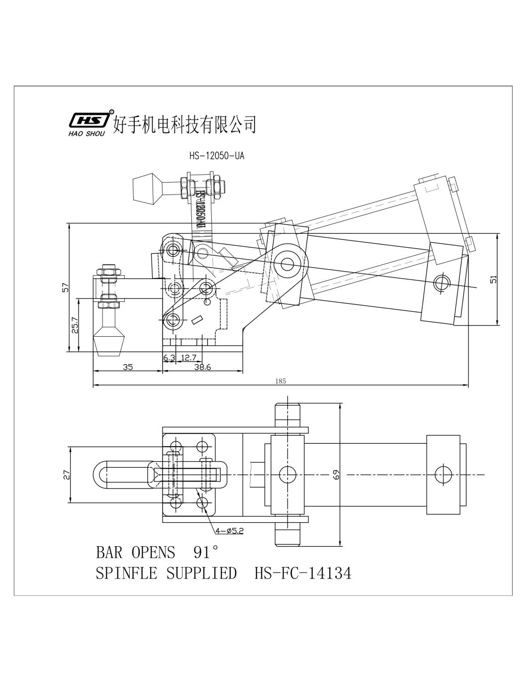 Haoshou Pneumatic HS-12050-Ua China Manufacuturer Custom Quick Adjustable Heavy Duty Air Pneumatic Toggle Clamp for Machinery and Jig Assemblies