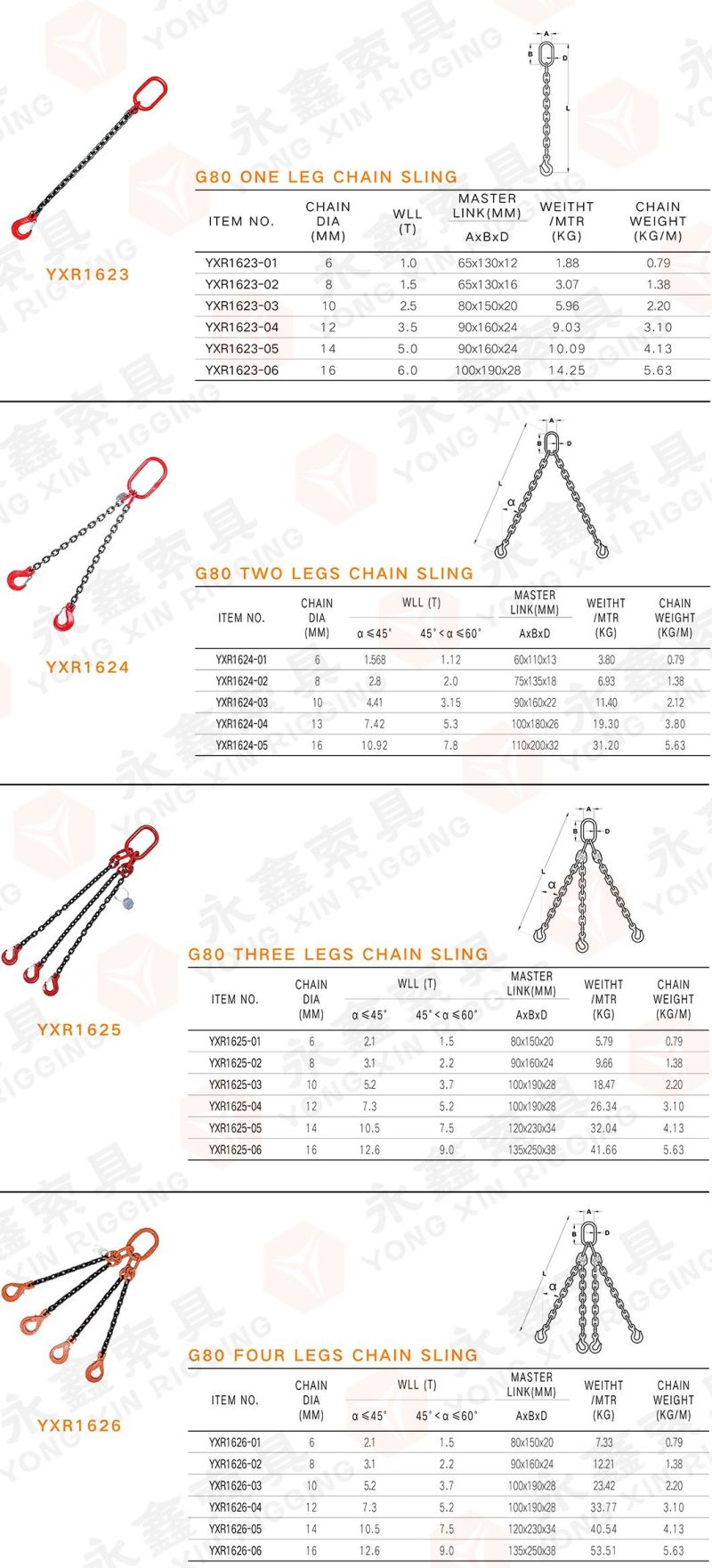 0mm Lashing Link Plain Durable 4 Times G80 Hook 4 Legs Riggings Welded Lift Chain Slings